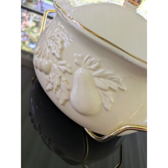 Teleflora Soup Tureen Serving Bowl Lidded Metal Rack Gold Accents Fruit Designs - Picture 2 of 12